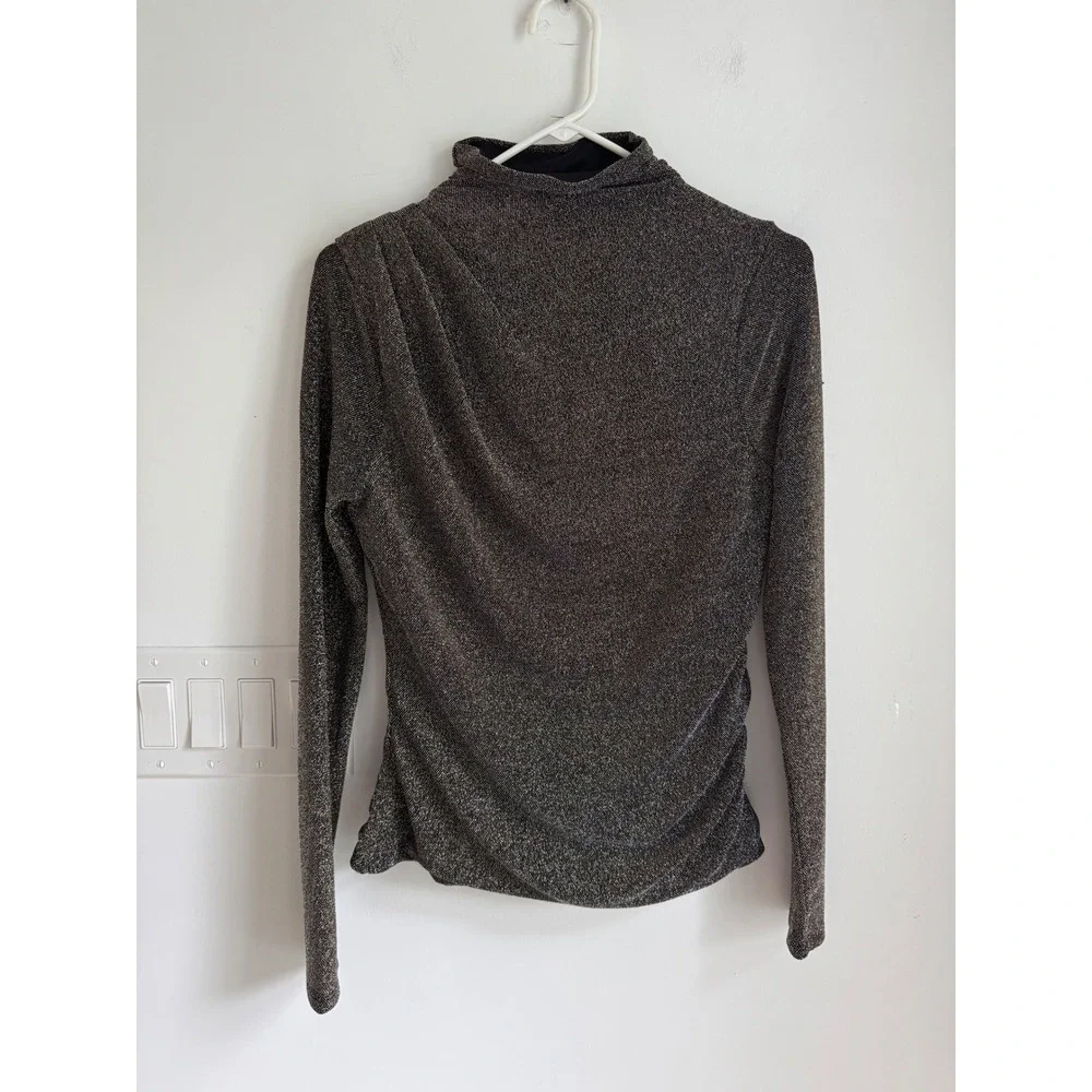 White House Black Market Metallic Mock Neck Ruched Draped Top Gold Black Small